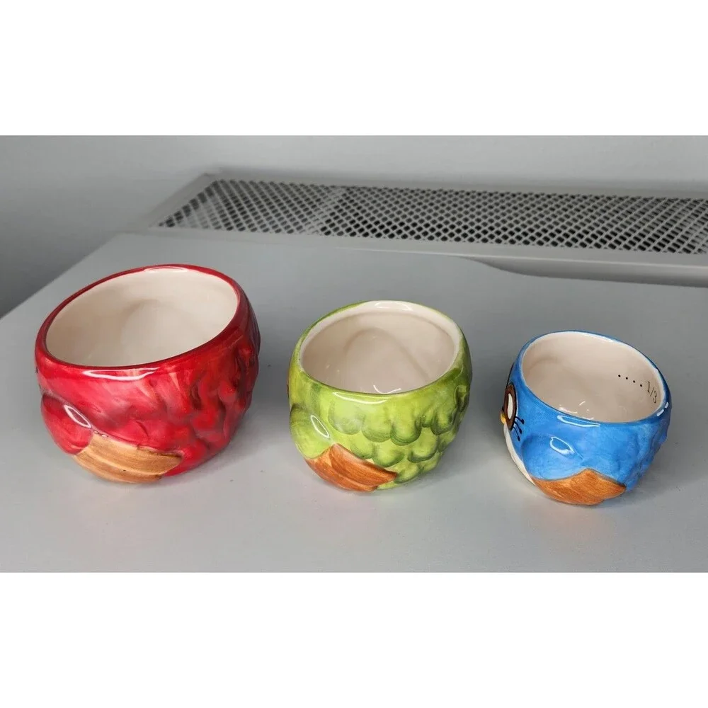 Set Of 3 Laurie Furnell Painted Ceramic Owl Bird Measuring Cups Nesting Colorful